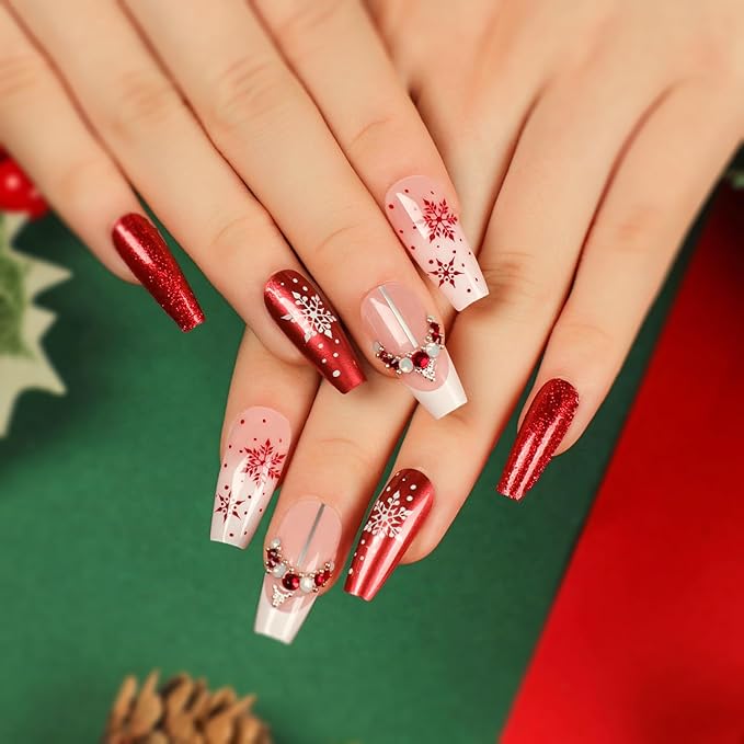 Christmas Coffin Medium Fake Nails With Snowflake Pearl Red Rhinestones Designs Artificial Nails Red Glitter Full Cover Stick on Nails - Winter Xmas Style - 24Pcs