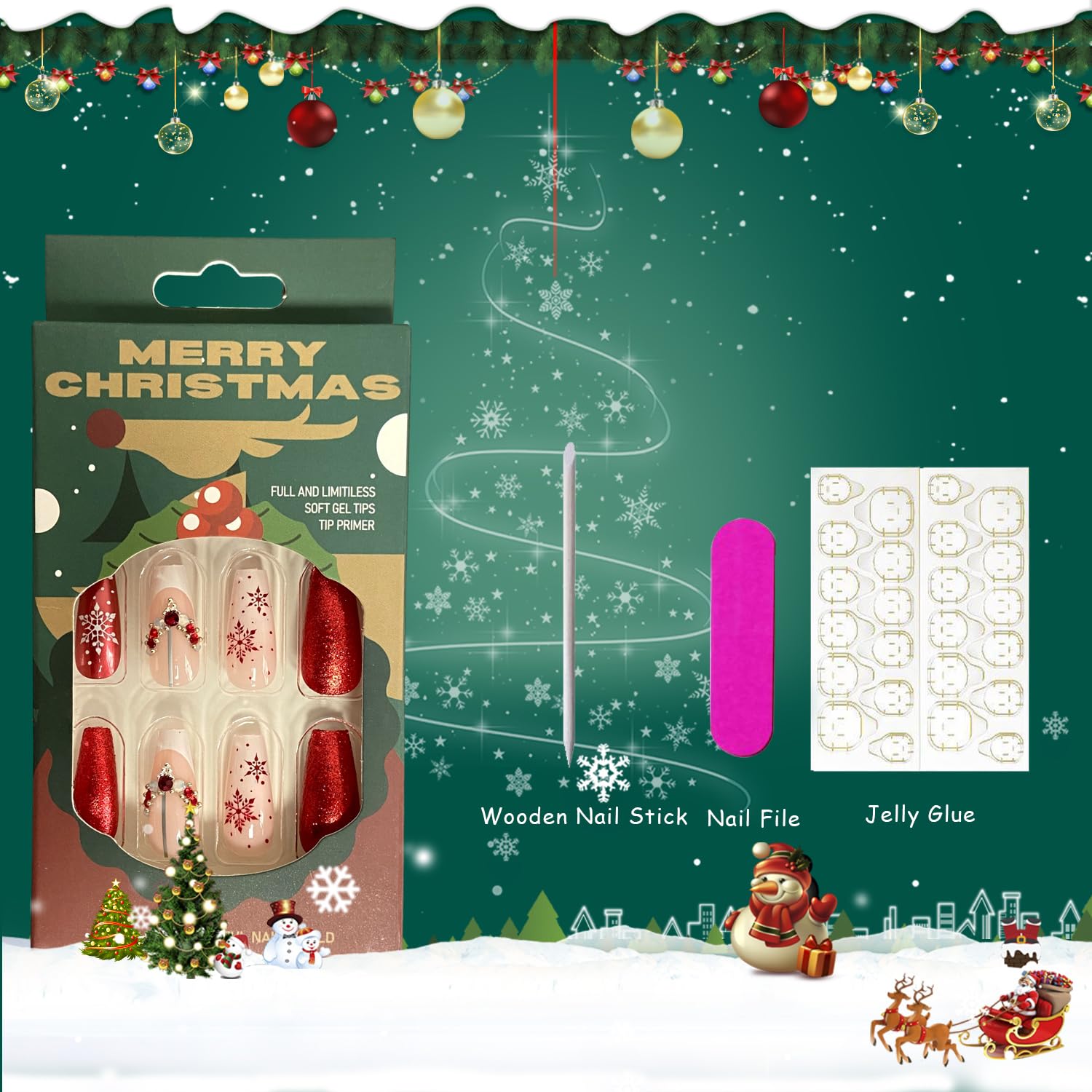 Christmas Coffin Medium Fake Nails With Snowflake Pearl Red Rhinestones Designs Artificial Nails Red Glitter Full Cover Stick on Nails - Winter Xmas Style - 24Pcs