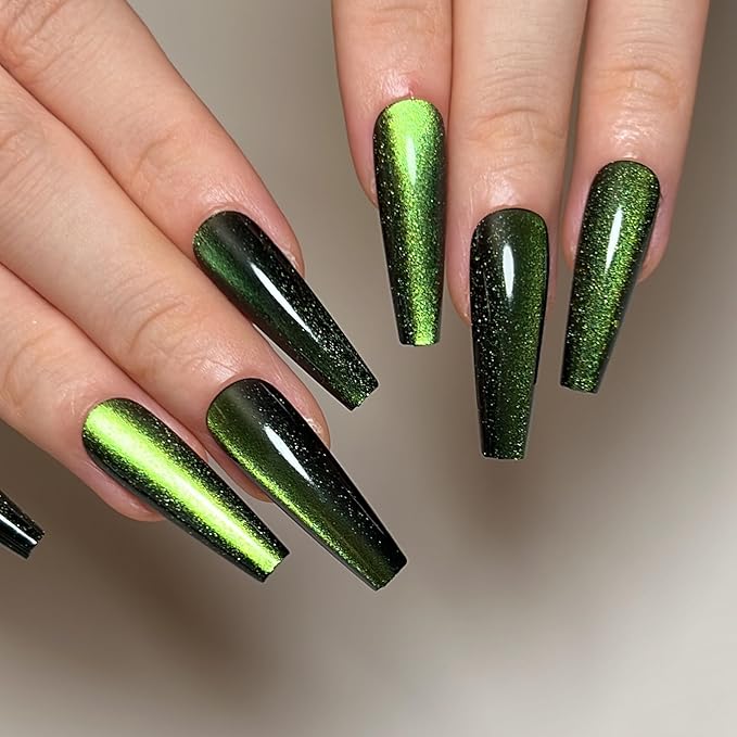 Green Press on Nails Long Coffin False Nails Gradient with Glitter Designs Glossy Acrylic Nails Full Cover Reusable Stick on Nails Jelly Press on Nails for Women and Girls 24Pcs