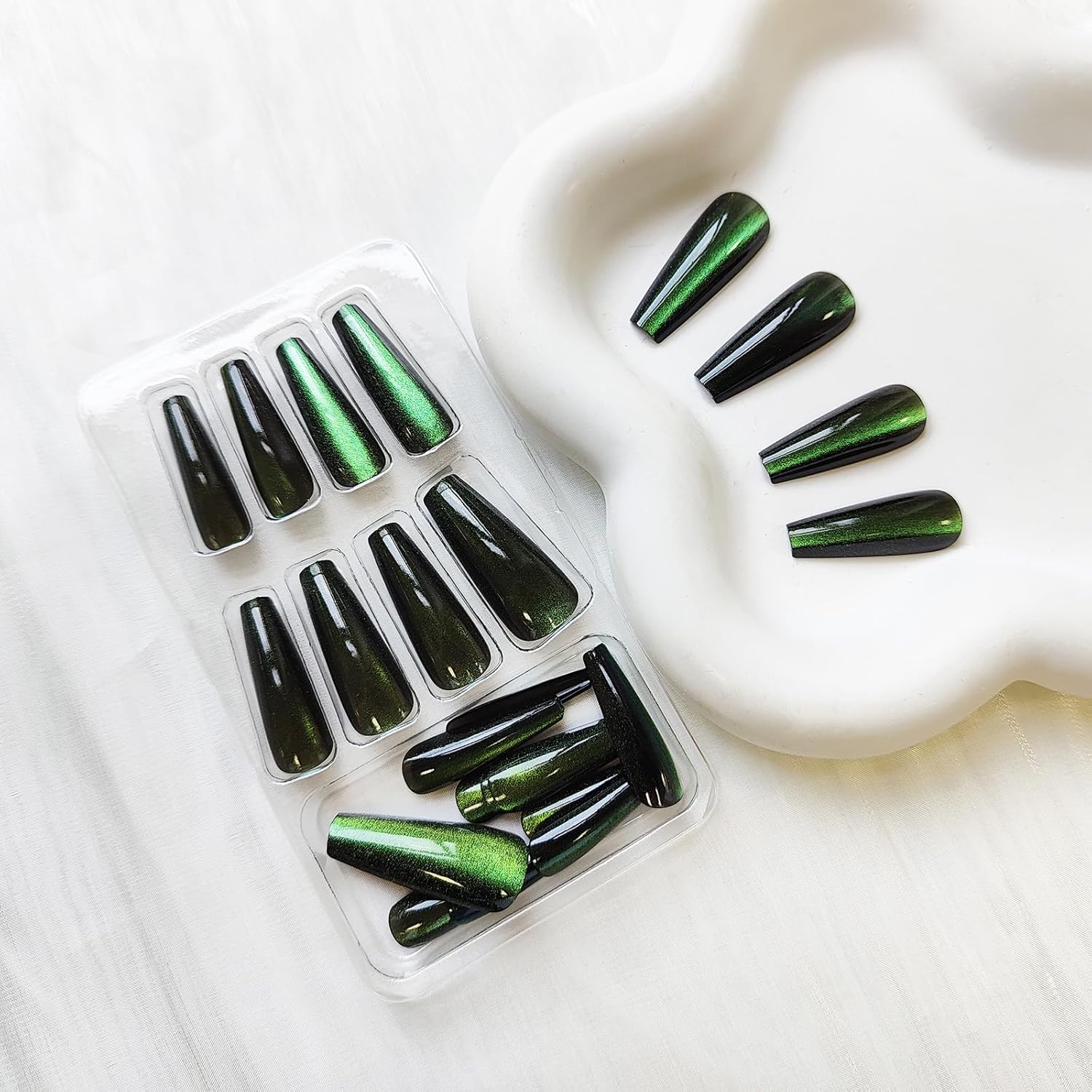 Green Press on Nails Long Coffin False Nails Gradient with Glitter Designs Glossy Acrylic Nails Full Cover Reusable Stick on Nails Jelly Press on Nails for Women and Girls 24Pcs